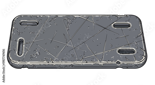 Scratched smartphone back cover, damaged electronic device, grunge texture, isolated on white