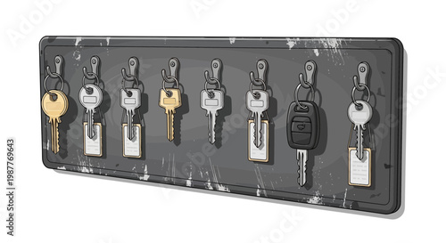 Set of assorted keys hanging on a rustic metal key holder