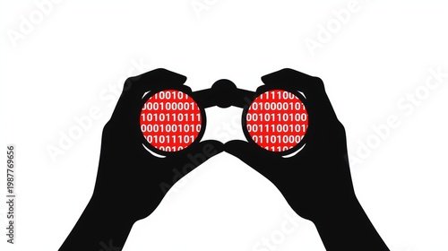 Cybersecurity surveillance silhouette, hands holding binoculars with red binary code data, digital privacy and network monitoring concept