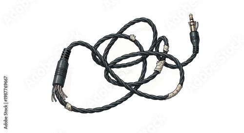 Tangled, Damaged Audio Cable with 3.5mm Jack on White Background
