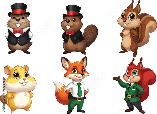 Cute Cartoon Forest Animal Character Set with Dressed Up Beaver Squirrel Hamster and Fox in Fun Outfits for Kids and Sticker Designs