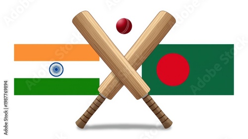 Cricket match concept with crossed wooden bats and ball, national flags of India and Bangladesh, sports competition and tournament background