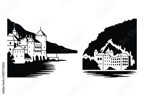 European waterside village landscapes: charming mountain lake architecture