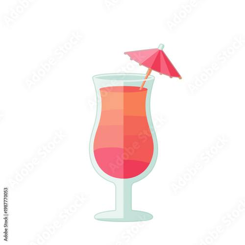 Tropical Fruit Cocktail with Pink Umbrella Decoration in Hurricane Glass Isolated on White