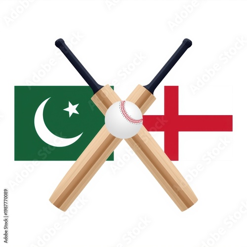 Cricket match between Pakistan and England, crossed wooden cricket bats with white ball, national flags background for international sports tournament