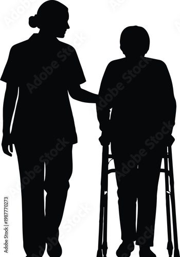 Nurse assisting elderly patient with walker black and white assistance caregiver homecare