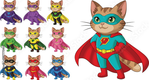 Cute Cartoon Superhero Cat Character Set with Colorful Capes and Masks in Hero Poses for Kids, Stickers, Games, and Comic Designs