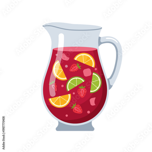 Refreshing Fruit Sangria in a Glass Pitcher with Slices of Orange, Lime, and Strawberry Isolated on White Background