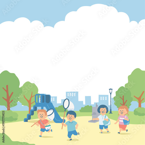 夏休みに公園で遊ぶ子供たちの背景イラスト