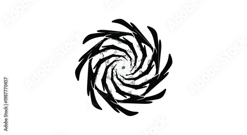 Spiral vortex design features a black geometric pattern centered on a clean white background.