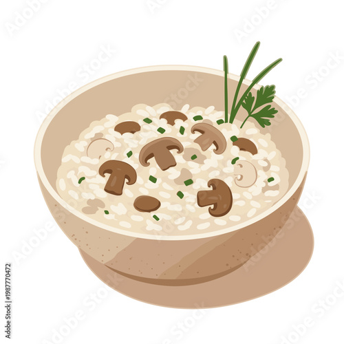 Creamy Mushroom Risotto in a Ceramic Bowl with Fresh Herbs, Vector Illustration of Italian Rice Dish