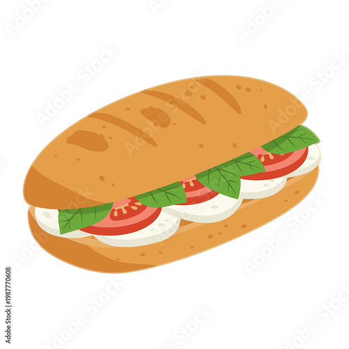 Caprese Sandwich Vector Illustration with Mozzarella, Tomato, and Basil on a White Background