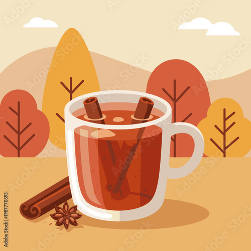 Cozy Hot Apple Cider with Cinnamon Sticks in a Glass Mug with Autumn Landscape Background