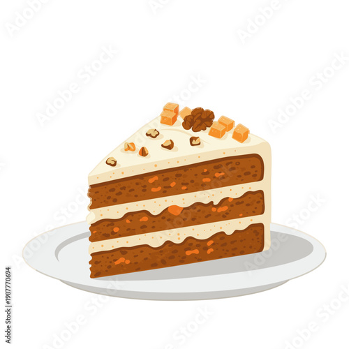 Slice of Delicious Carrot Cake with Cream Cheese Frosting and Walnuts on a Plate Vector Illustration