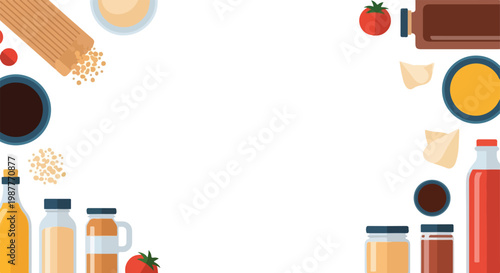 A vector graphic displays assorted cooking essentials and glass jars framing a blank white center for custom text or design elements.