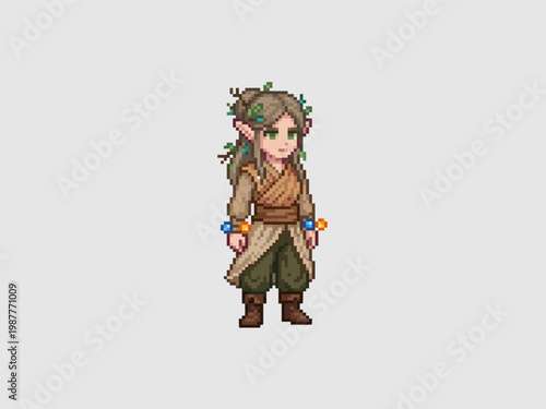 pixel art of a calm wood elf monk with braided hair, natural tan robes, and glowing elemental wrist orbs.