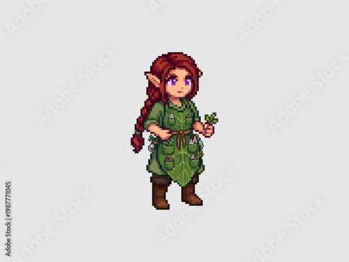 pixel art of a female red-haired elf herbalist wearing a green apron filled with various potion bottles and herbs.