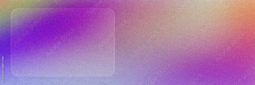 Fototapeta premium Vibrant violet, gold, and pink tones blend through a grainy gradient with a translucent rounded panel, perfect for creative event graphics, posters, or bold digital branding.