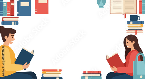 This vector illustration depicts two young women happily reading books while sitting on the floor surrounded by various colorful book stacks.