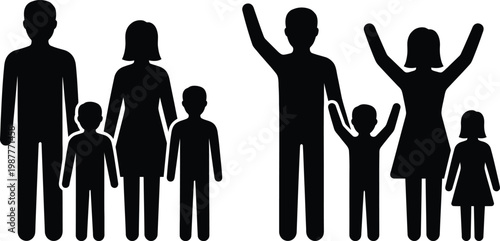 Two diverse families with children standing together in black silhouette on white background