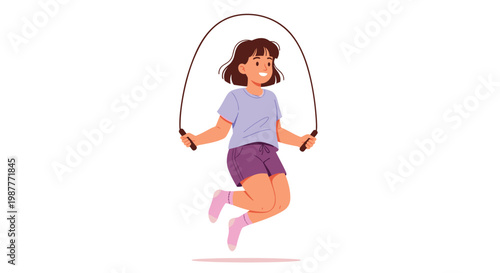 Happy young girl jumping over a skipping rope for exercise and active play on a plain white background for health concepts.
