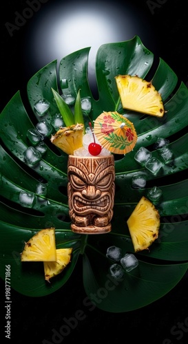 Exotic Tiki Cocktail with Pineapple and Cherry on a Tropical Leaf.