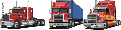 Realistic Red Semi Truck and Freight Trailer Set with Classic American Heavy Transport Vehicles for Logistics and Commercial Designs