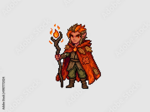 pixel art of an autumn elf druid with orange hair and a leaf cloak holding a flaming wooden staff.