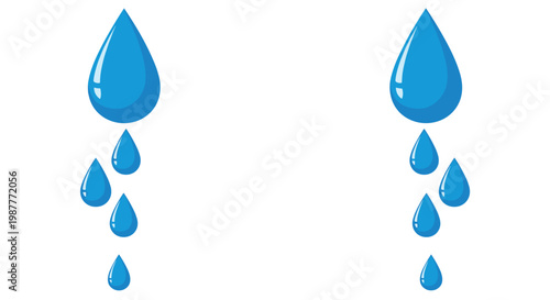 Set of blue water drops or raindrops with highlights and shadows falling against a white background for weather concepts.