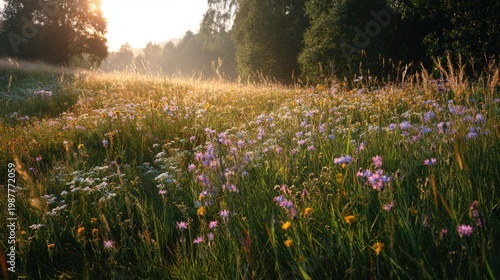 Serene meadow filled with vibrant wildflowers under soft morning light, surrounded by lush greenery