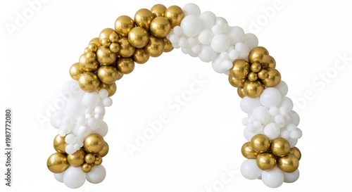 Decorative balloon arch made of white and gold spheres isolated on plain white backdrop.