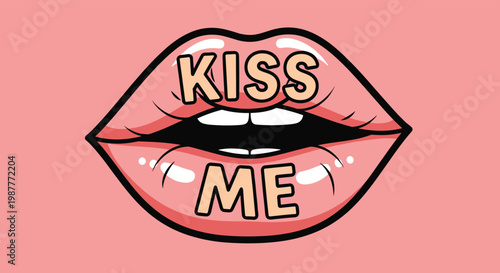 Bold pop art pink lips design includes the text kiss me inside to create a fun and romantic graphic for valentines day or fashion.