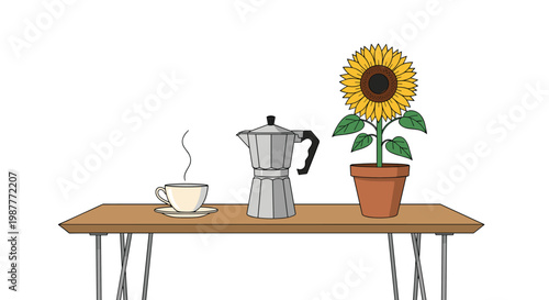 Cozy breakfast scene illustration shows a moka pot, steaming coffee cup, and a bright sunflower on a wooden table for a warm morning.