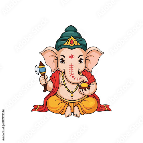 Charming cartoon depiction of an elephant-headed deity, seated cross-legged, holding sacred symbols and sweets, embodying prosperity, wisdom, and auspiciousness in a delightful vector style