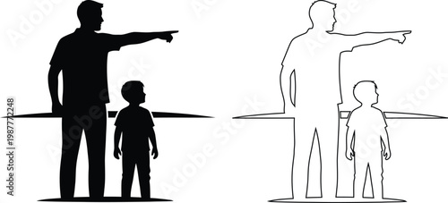 Adult pointing while standing next to a child illustration comparison