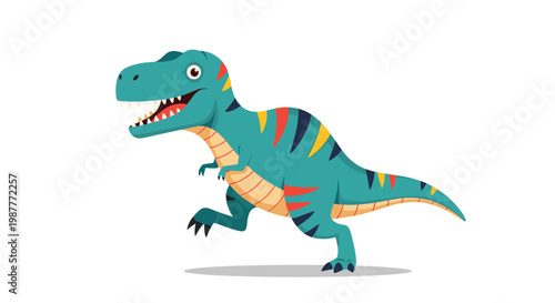 Colorful cartoon tyrannosaurus rex dinosaur runs across a white background showing a playful prehistoric animal for children books.
