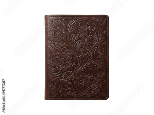 Elegant dark brown leather-bound journal featuring intricate embossed floral motifs and ornamental leaf designs with a rich tactile texture isolated transparent background image