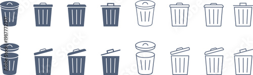 持ち手付きの蓋をされたごみ箱と開いたアイコンの素材セット