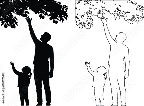 Family Picking Fruit From Tree Silhouette Illustration Comparison