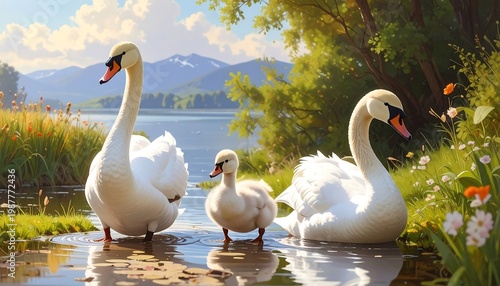 A family of swans, including a cygnet, in a serene waterscape with a lake, mountains, and lush greenery