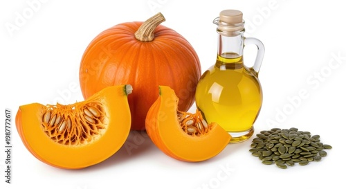Fresh pumpkin with cut slices and bottle of oil plus seeds isolated on white background as.