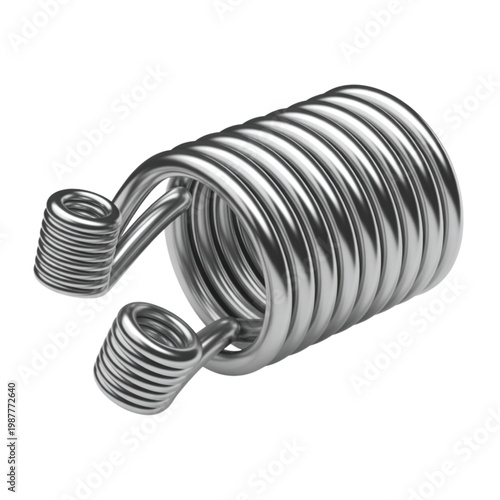 A shiny metallic heating coil or electrical resistive element on a clean white surface