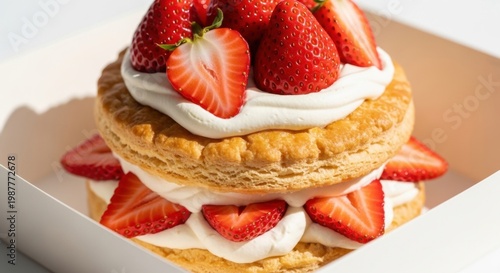 Fresh strawberry mille-feuille cake with vanilla cream layers served in white cardboard box.