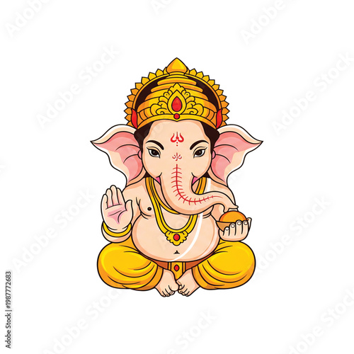 Vibrant illustration of the revered elephant-headed Hindu deity Ganesha, depicted in a sacred seated posture, embodying wisdom, prosperity, and good fortune for cultural designs