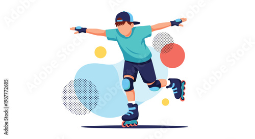 Active boy wearing safety pads and a helmet enjoys rollerblading outdoors against a colorful background of abstract shapes and dots.