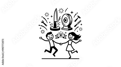 Happy Couple Celebrating Sharpening Tools
