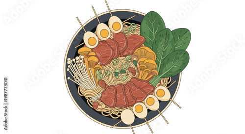 Delicious bowl of Japanese ramen soup features noodles, meat slices, eggs, mushrooms, and fresh spinach in a detailed illustration.