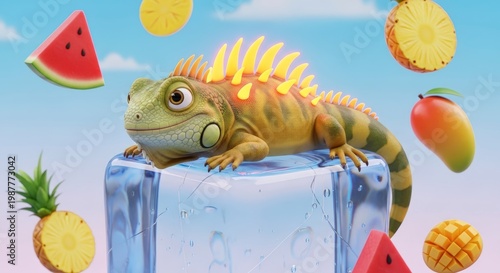 Lizard on ice with tropical fruit.