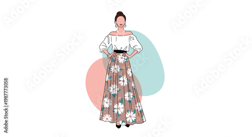 Fashion illustration of a stylish woman wearing an elegant white off-the-shoulder top paired with a long floral patterned maxi skirt on white background.