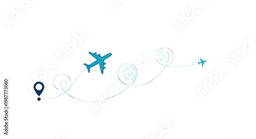 Conceptual illustration of air travel showing a dotted flight path trajectory with two blue airplanes and a dark blue map location pin on a white background.